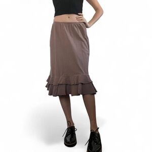 Brown Ruffle Hem Midi Skirt